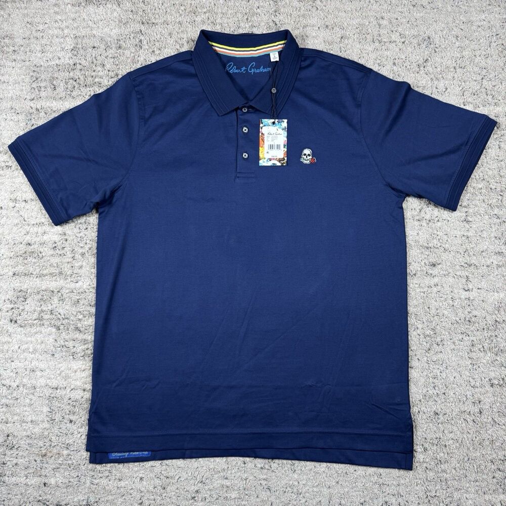 Robert Graham Polo Shirt Mens Large Blue Skull Rose Embroidered Classic Fit NWT